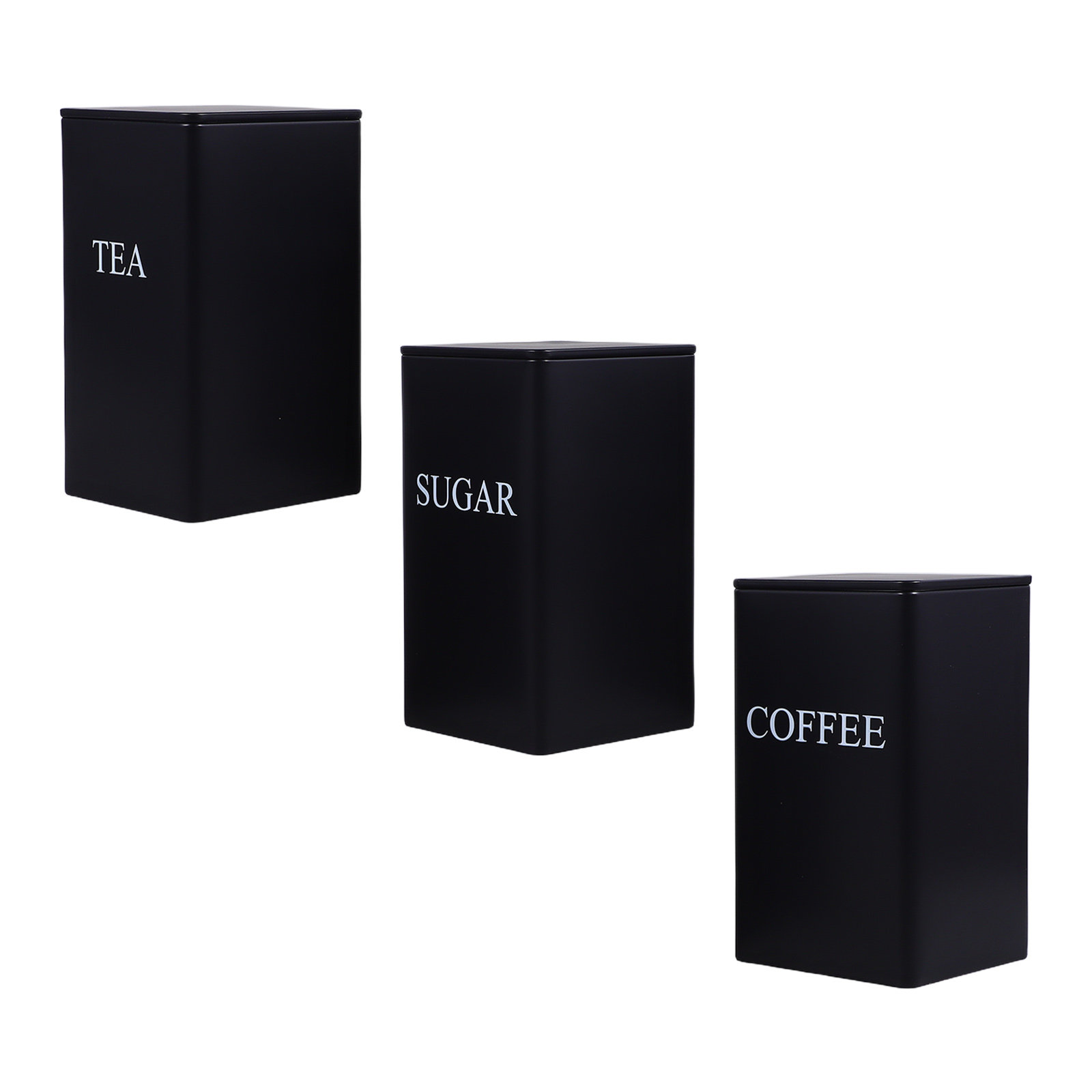Coffee Tea Sugar - 3 sztuki metalowych, czarnych, kwadratowych pojemników